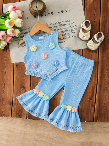 Girls Bubble Chiffon Floral Applique Hem Fringe Vest Top And Flare Leg Fringe Hem Pants 2 Pieces Set