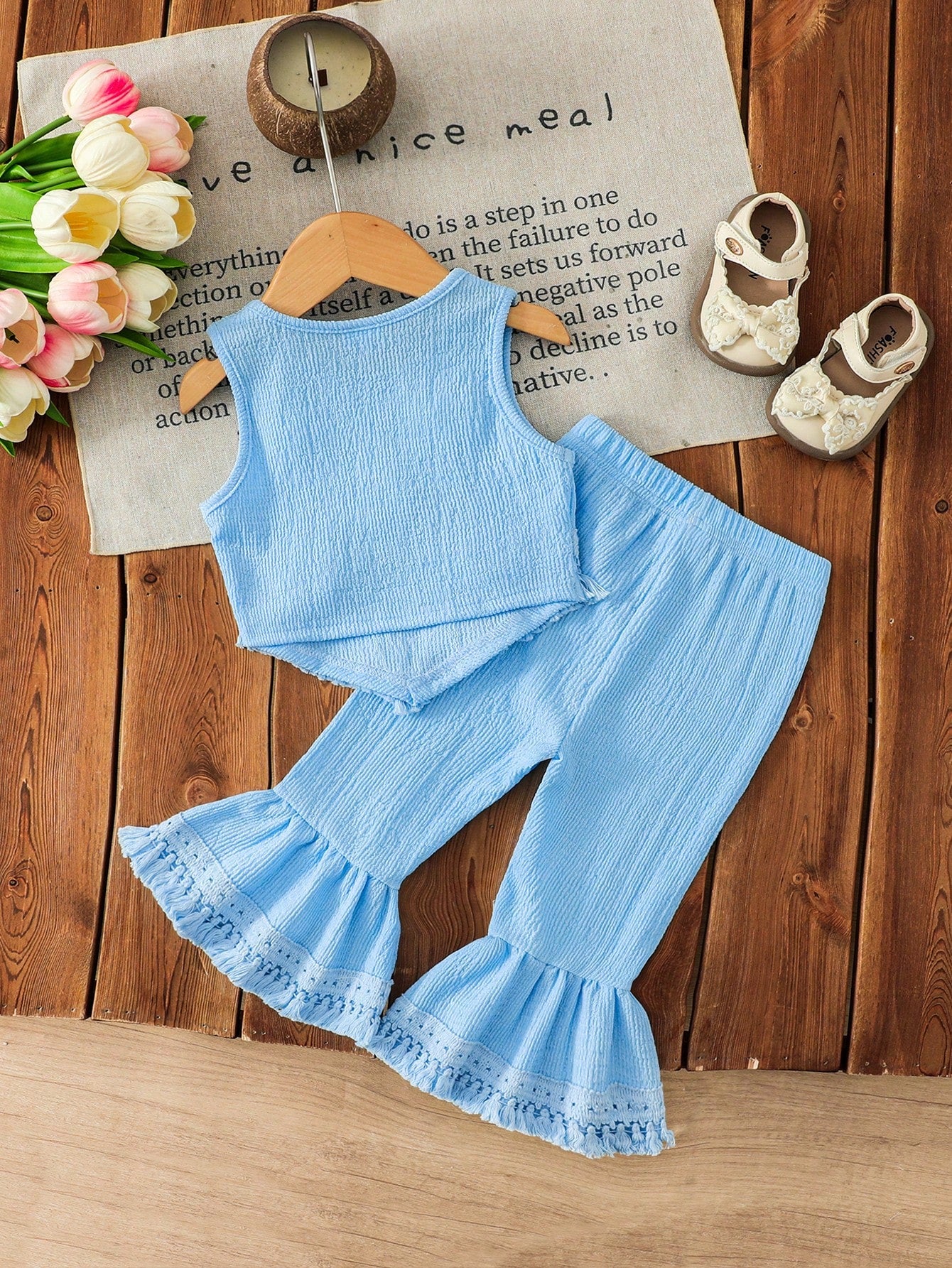 Girls Bubble Chiffon Floral Applique Hem Fringe Vest Top And Flare Leg Fringe Hem Pants 2 Pieces Set