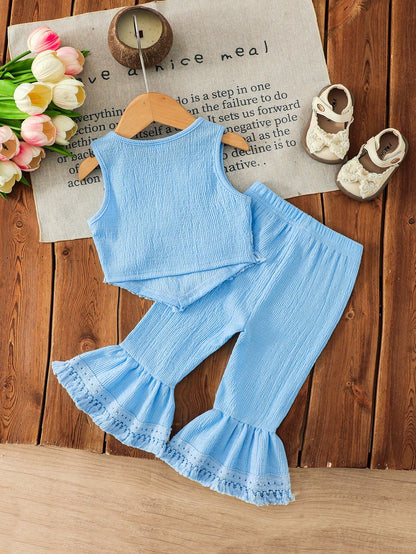 Girls Bubble Chiffon Floral Applique Hem Fringe Vest Top And Flare Leg Fringe Hem Pants 2 Pieces Set