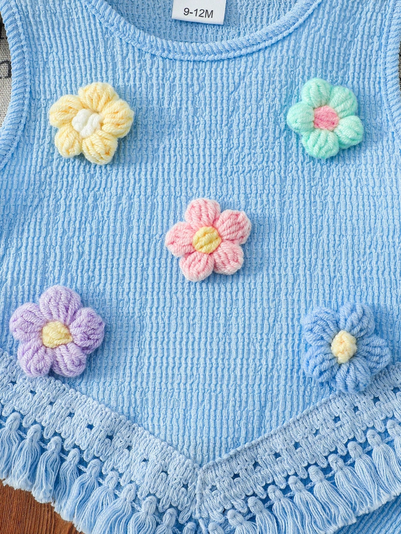 Girls Bubble Chiffon Floral Applique Hem Fringe Vest Top And Flare Leg Fringe Hem Pants 2 Pieces Set