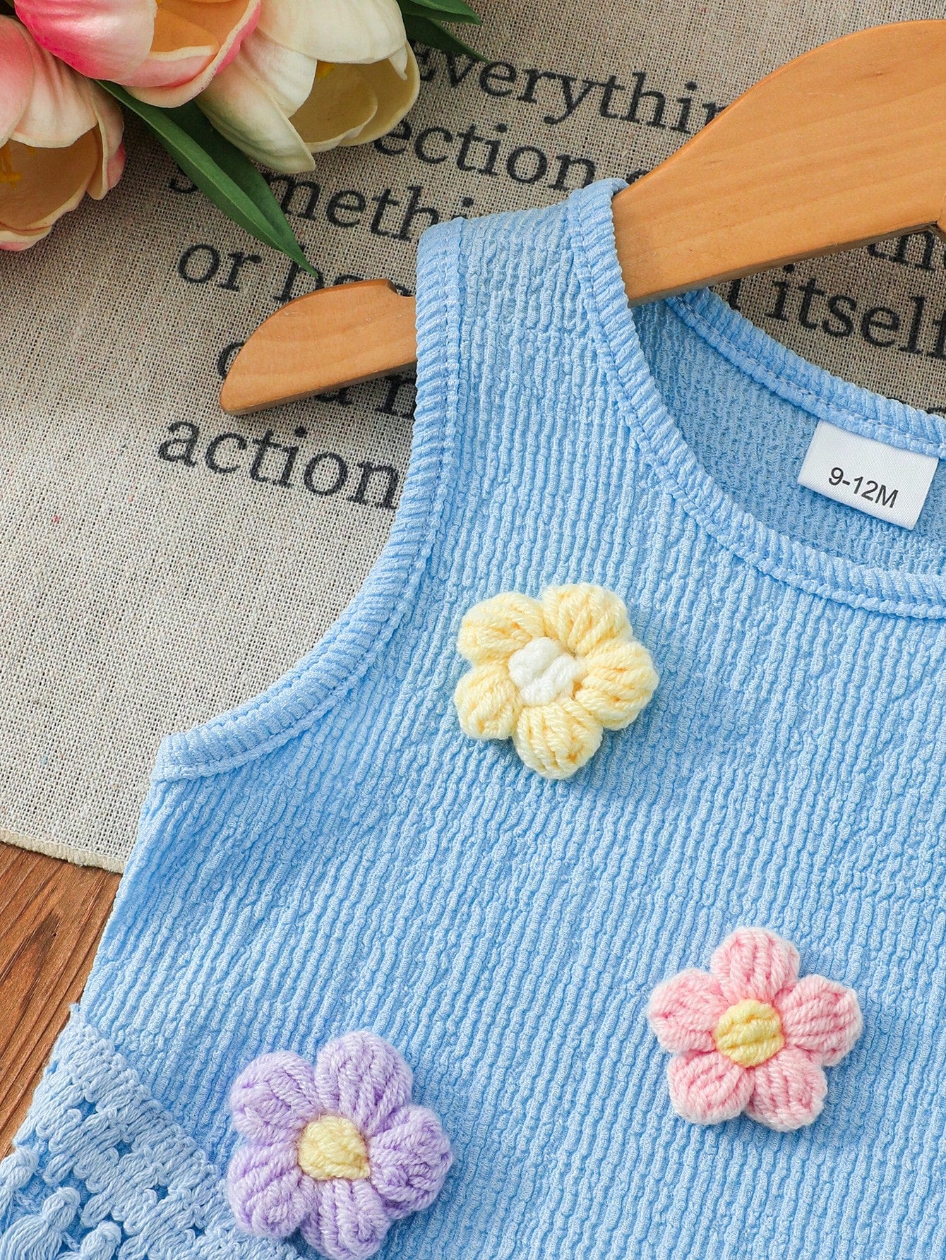 Girls Bubble Chiffon Floral Applique Hem Fringe Vest Top And Flare Leg Fringe Hem Pants 2 Pieces Set