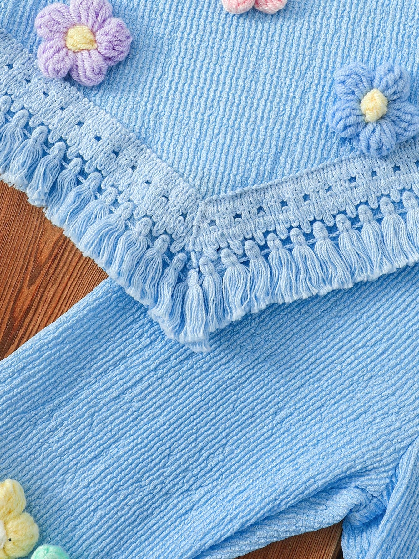 Girls Bubble Chiffon Floral Applique Hem Fringe Vest Top And Flare Leg Fringe Hem Pants 2 Pieces Set
