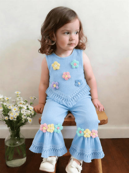 Girls Bubble Chiffon Floral Applique Hem Fringe Vest Top And Flare Leg Fringe Hem Pants 2 Pieces Set
