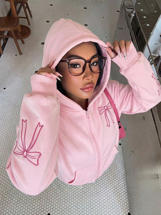 Girls' Teen Solid Color Fashion Bow Sweatshirt Jacket, Comfortable Fleece Sweatshirt Fabric, Design-Driven Sleeve Detail, Youthful And Vibrant Style, Fall Clothes For Kids, Suitable For Back To School