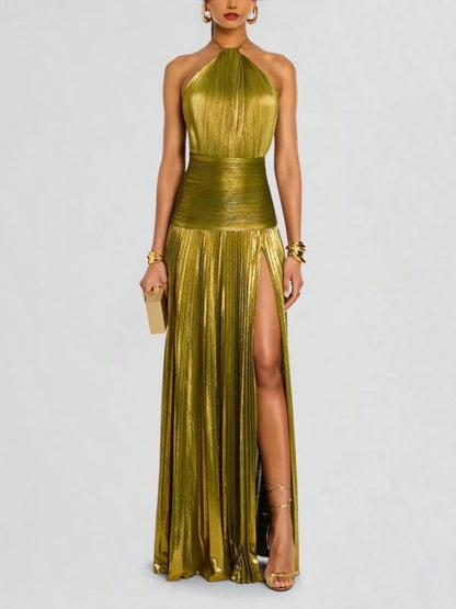 Glam Shiny Plisse Metallic Gown Halter Neck Ruched Waist High Split Formal Party Maxi Dress