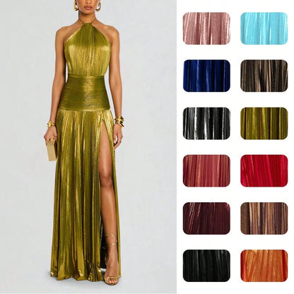 Glam Shiny Plisse Metallic Gown Halter Neck Ruched Waist High Split Formal Party Maxi Dress