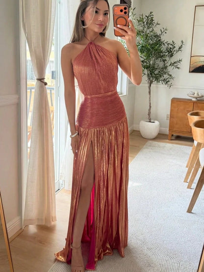 Glam Shiny Plisse Metallic Gown Halter Neck Ruched Waist High Split Formal Party Maxi Dress