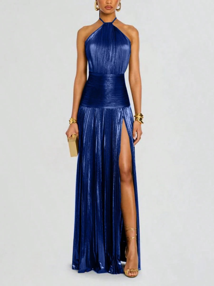 Glam Shiny Plisse Metallic Gown Halter Neck Ruched Waist High Split Formal Party Maxi Dress
