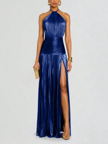 Glam Shiny Plisse Metallic Gown Halter Neck Ruched Waist High Split Formal Party Maxi Dress