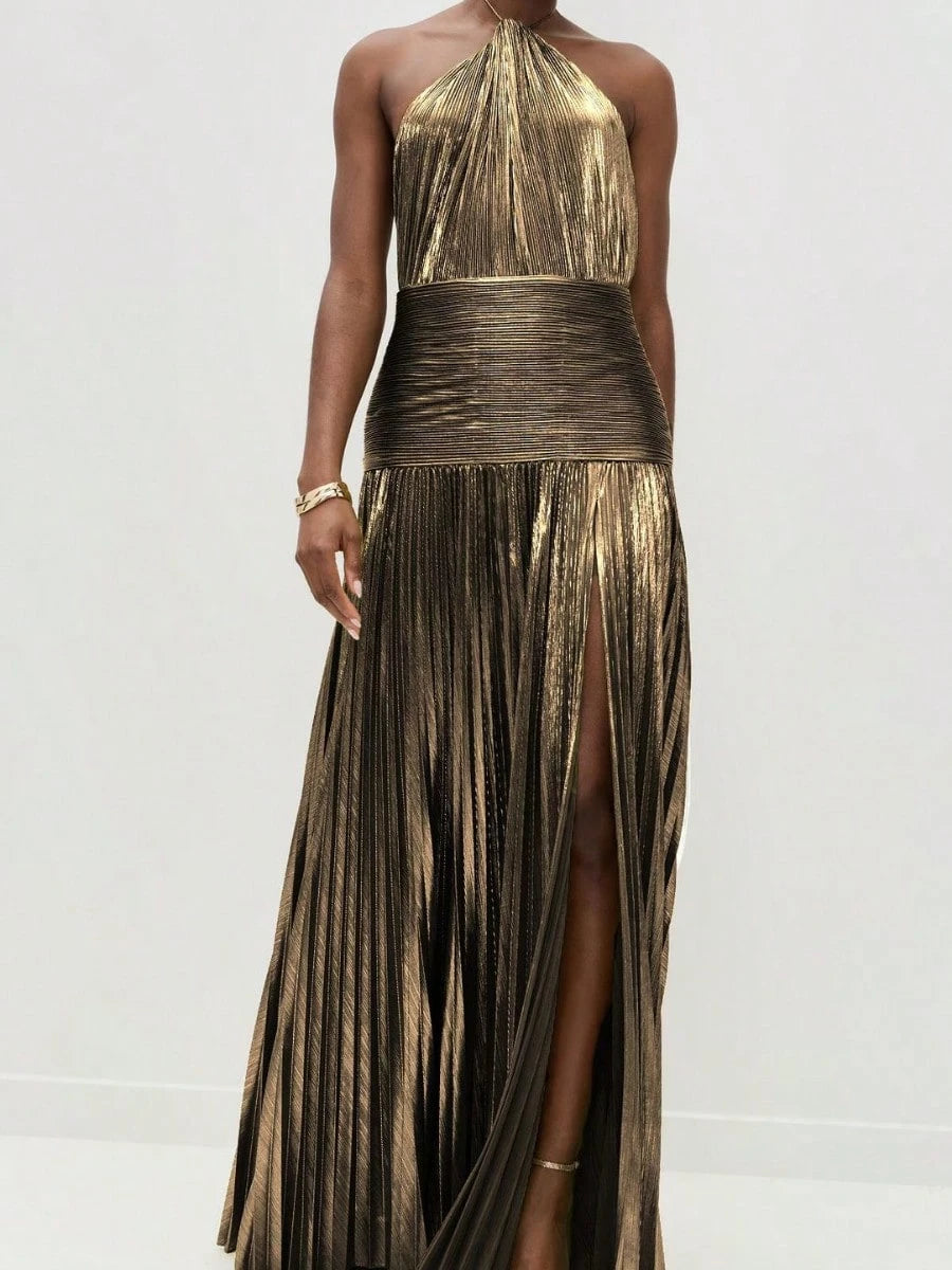 Glam Shiny Plisse Metallic Gown Halter Neck Ruched Waist High Split Formal Party Maxi Dress