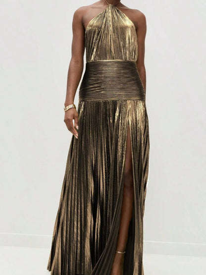 Glam Shiny Plisse Metallic Gown Halter Neck Ruched Waist High Split Formal Party Maxi Dress