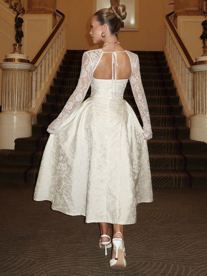Glamine Charm Elegant White Autumn Lace Patchwork 3D Embossed Floral Square Neck Long Sleeve A-Line Dress, Graduation Reception Wedding Gown Women, Mal Dress