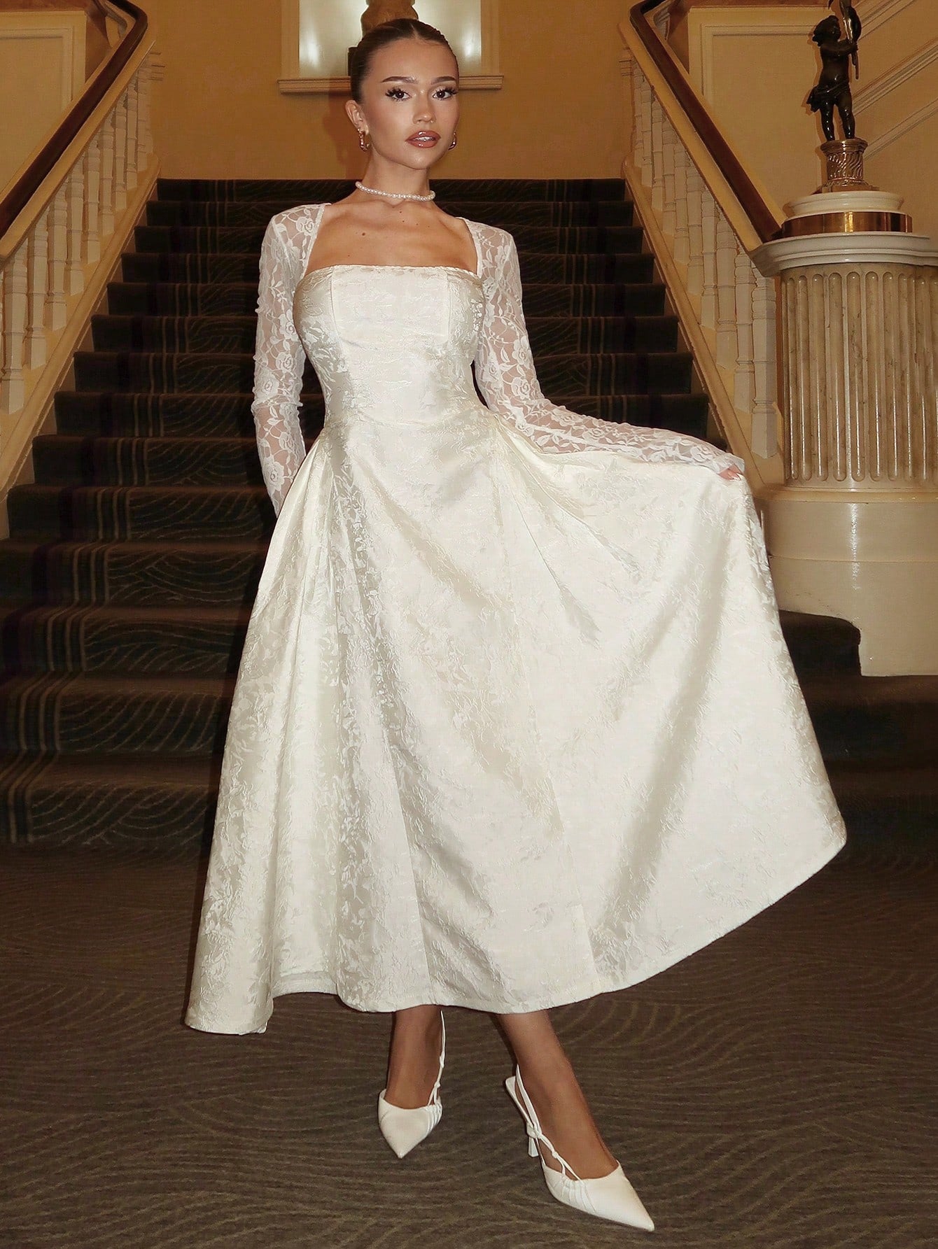Glamine Charm Elegant White Autumn Lace Patchwork 3D Embossed Floral Square Neck Long Sleeve A-Line Dress, Graduation Reception Wedding Gown Women, Mal Dress