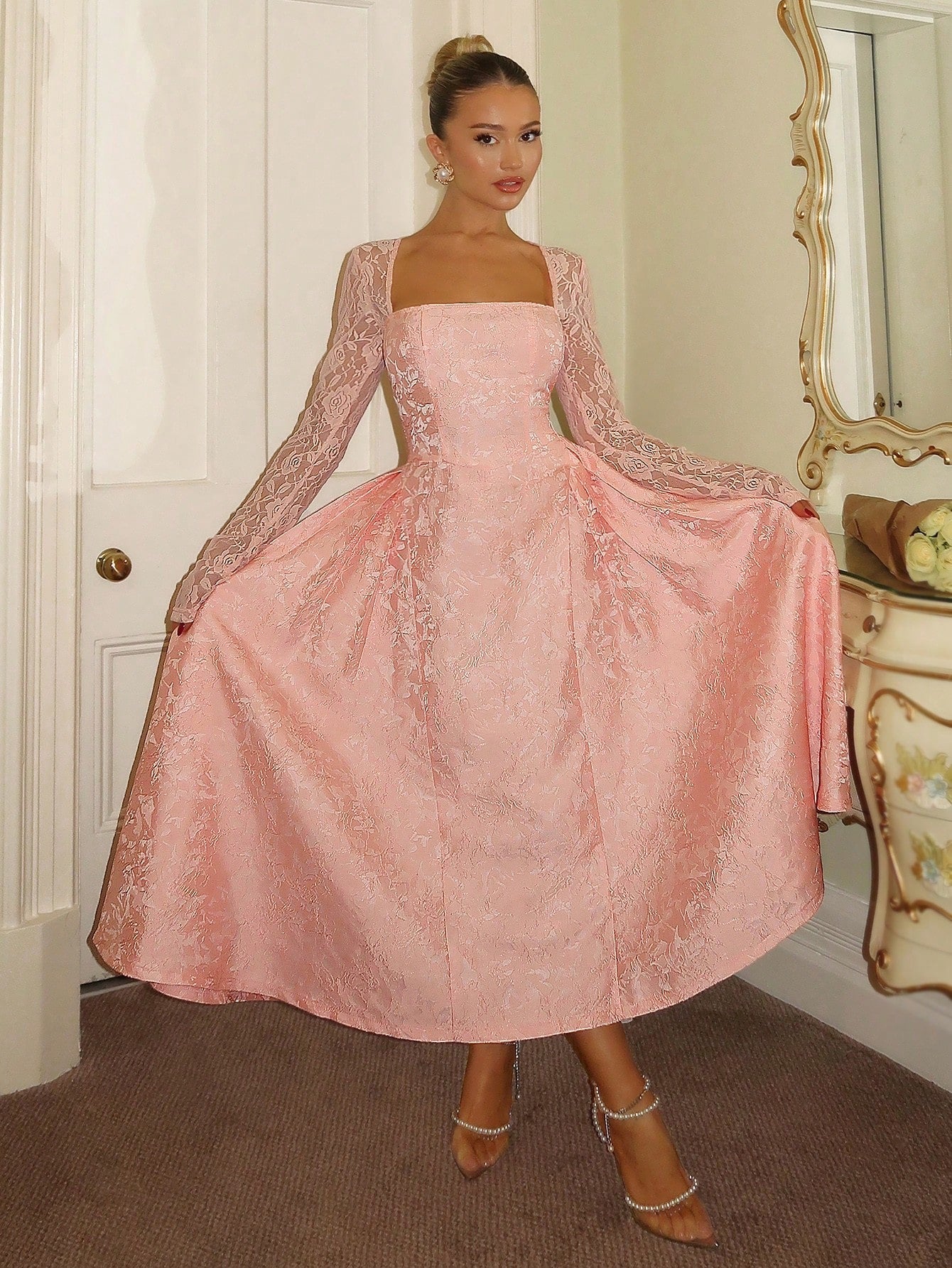 Glamine Charm Elegant White Autumn Lace Patchwork 3D Embossed Floral Square Neck Long Sleeve A-Line Dress, Graduation Reception Wedding Gown Women, Mal Dress