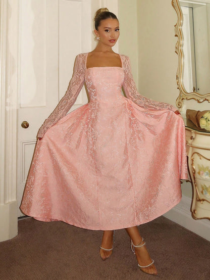 Glamine Charm Elegant White Autumn Lace Patchwork 3D Embossed Floral Square Neck Long Sleeve A-Line Dress, Graduation Reception Wedding Gown Women, Mal Dress