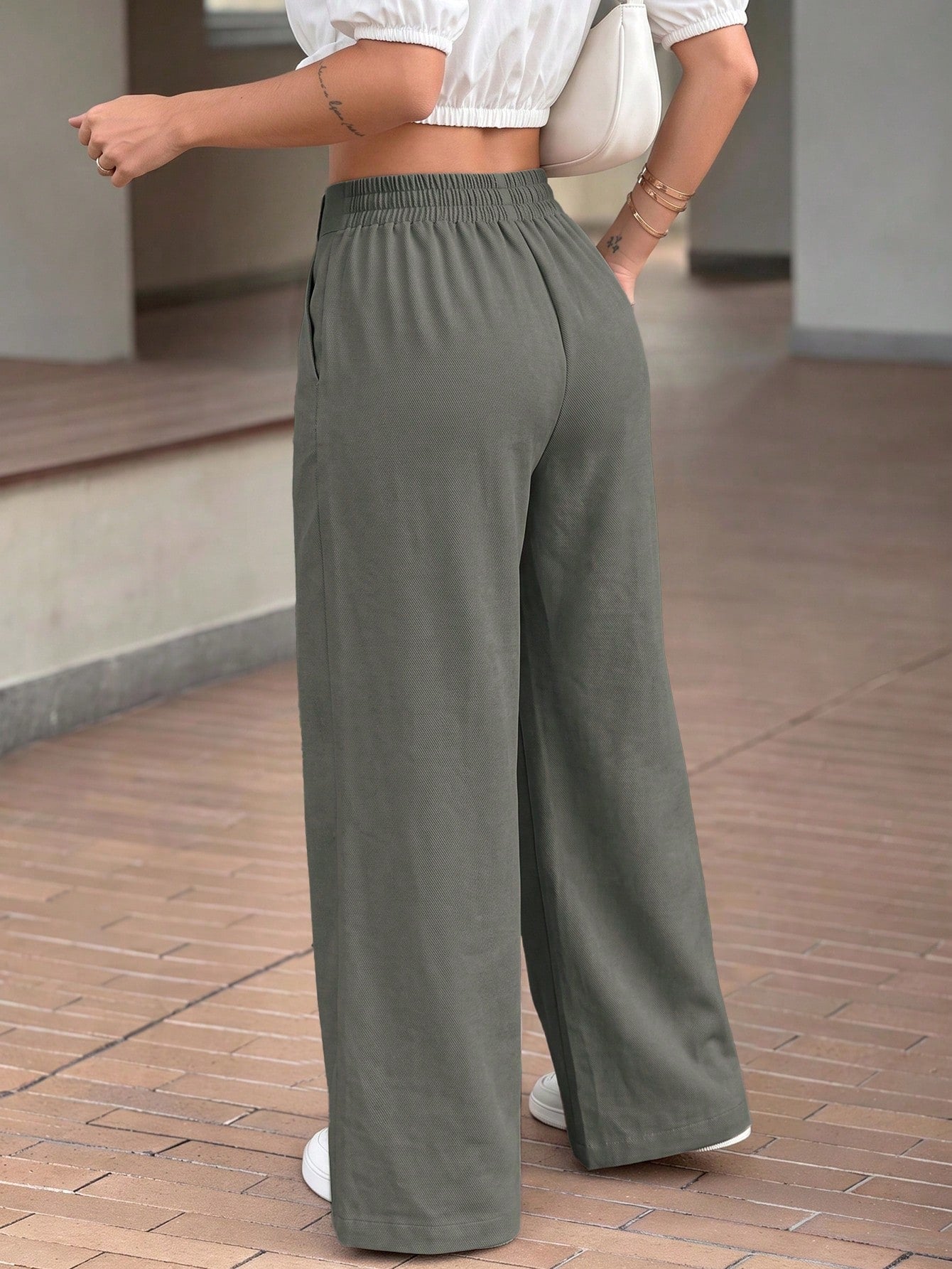 GLAMSKIN Women's Summer/Autumn Basic High-Waisted Wide-Leg Pants, Solid Color Commute Business Casual Trousers, Linen Texture Loose Bottoms, Suitable For Back To School Season
