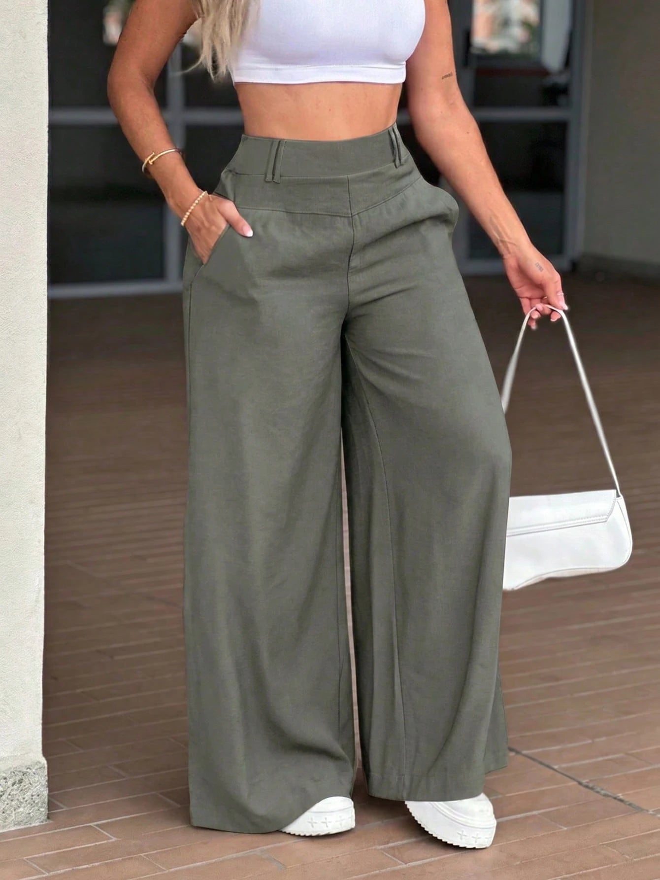 GLAMSKIN Women's Summer/Autumn Basic High-Waisted Wide-Leg Pants, Solid Color Commute Business Casual Trousers, Linen Texture Loose Bottoms, Suitable For Back To School Season