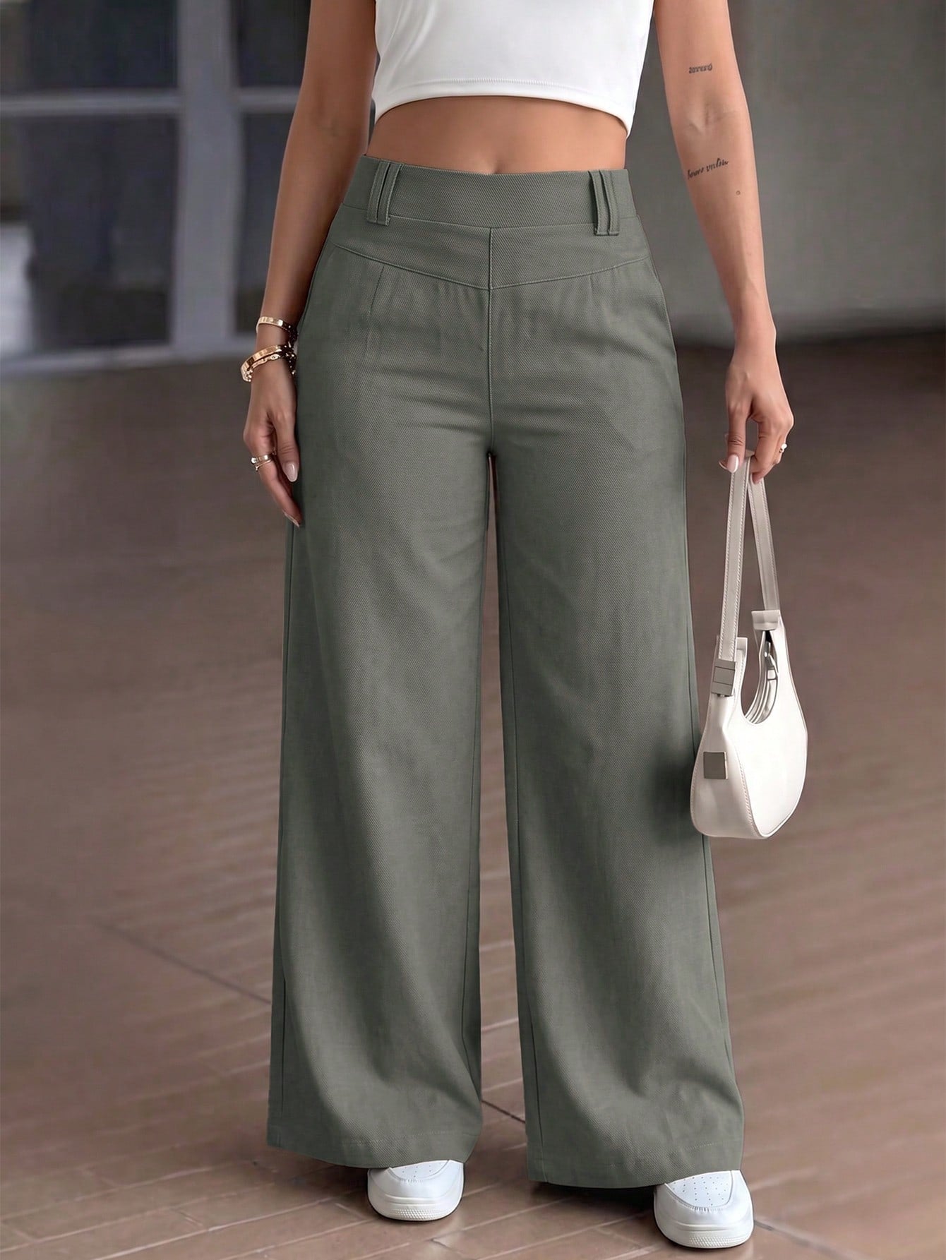 GLAMSKIN Women's Summer/Autumn Basic High-Waisted Wide-Leg Pants, Solid Color Commute Business Casual Trousers, Linen Texture Loose Bottoms, Suitable For Back To School Season