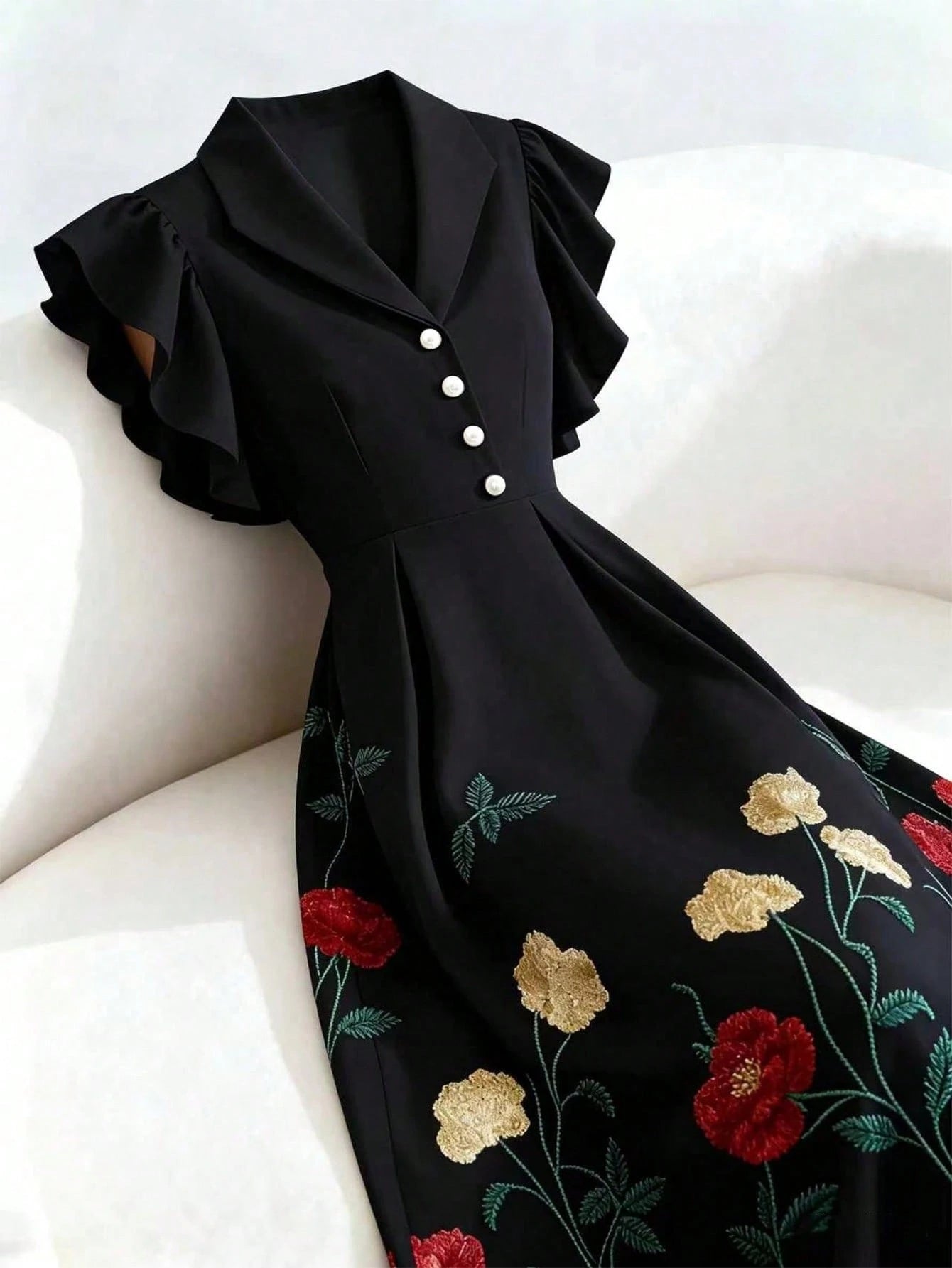 GlowEve Women's Black Floral Retro Summer Party Mid-Length Dress,Lapel Pearl Button Waist A-Line Flare Sleeve Elegant French Street Versatile Fashion Date