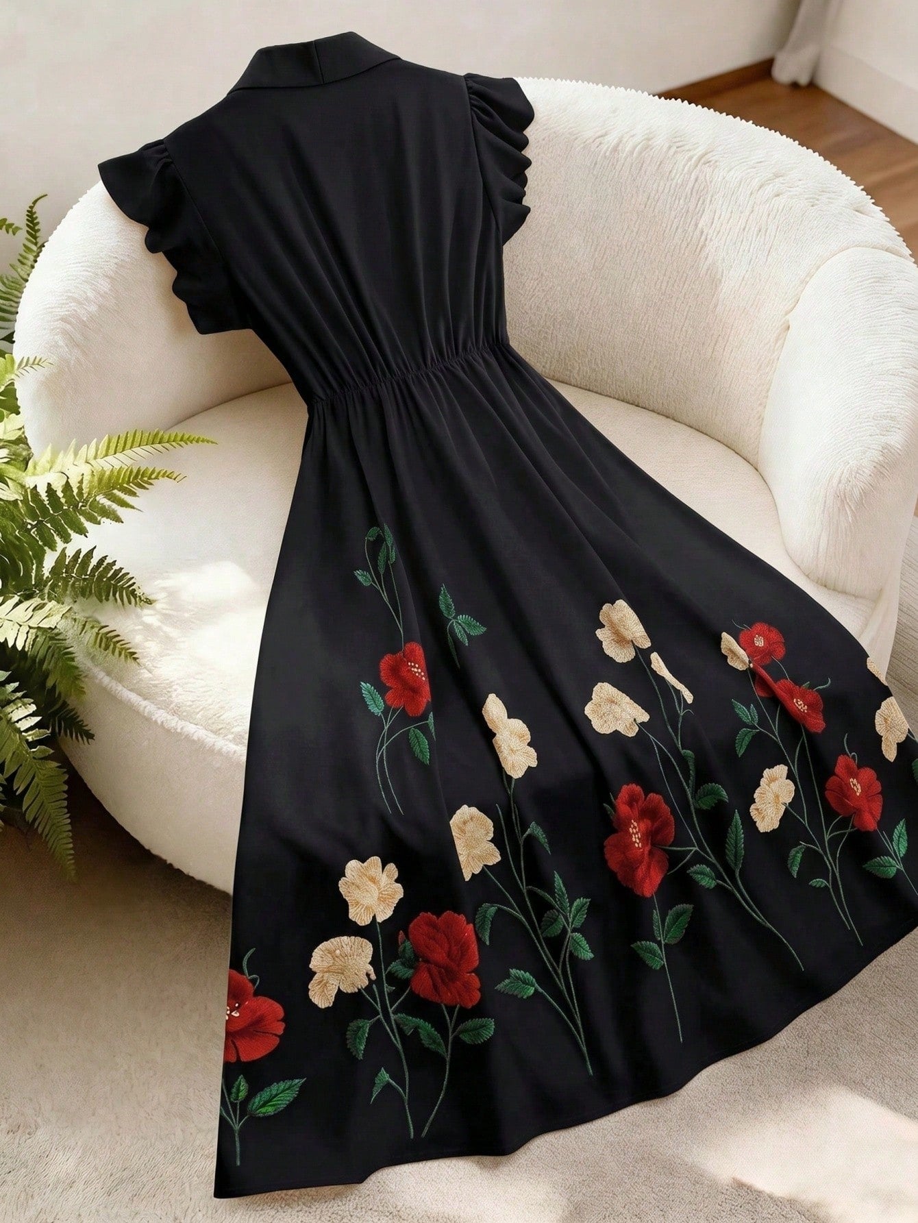 GlowEve Women's Black Floral Retro Summer Party Mid-Length Dress,Lapel Pearl Button Waist A-Line Flare Sleeve Elegant French Street Versatile Fashion Date