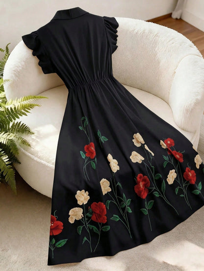 GlowEve Women's Black Floral Retro Summer Party Mid-Length Dress,Lapel Pearl Button Waist A-Line Flare Sleeve Elegant French Street Versatile Fashion Date