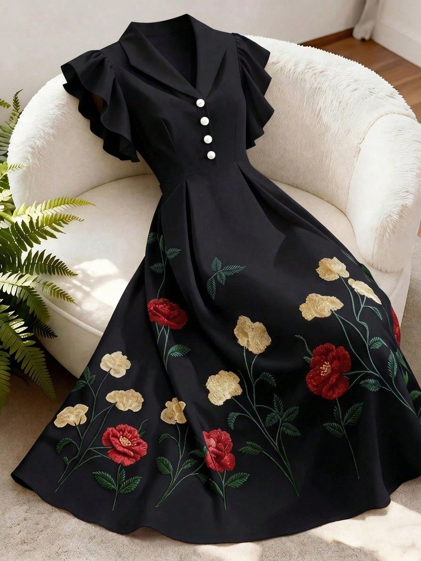 GlowEve Women's Black Floral Retro Summer Party Mid-Length Dress,Lapel Pearl Button Waist A-Line Flare Sleeve Elegant French Street Versatile Fashion Date