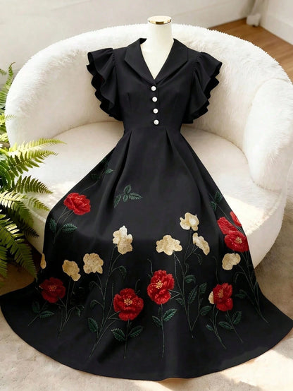 GlowEve Women's Black Floral Retro Summer Party Mid-Length Dress,Lapel Pearl Button Waist A-Line Flare Sleeve Elegant French Street Versatile Fashion Date