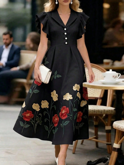 GlowEve Women's Black Floral Retro Summer Party Mid-Length Dress,Lapel Pearl Button Waist A-Line Flare Sleeve Elegant French Street Versatile Fashion Date