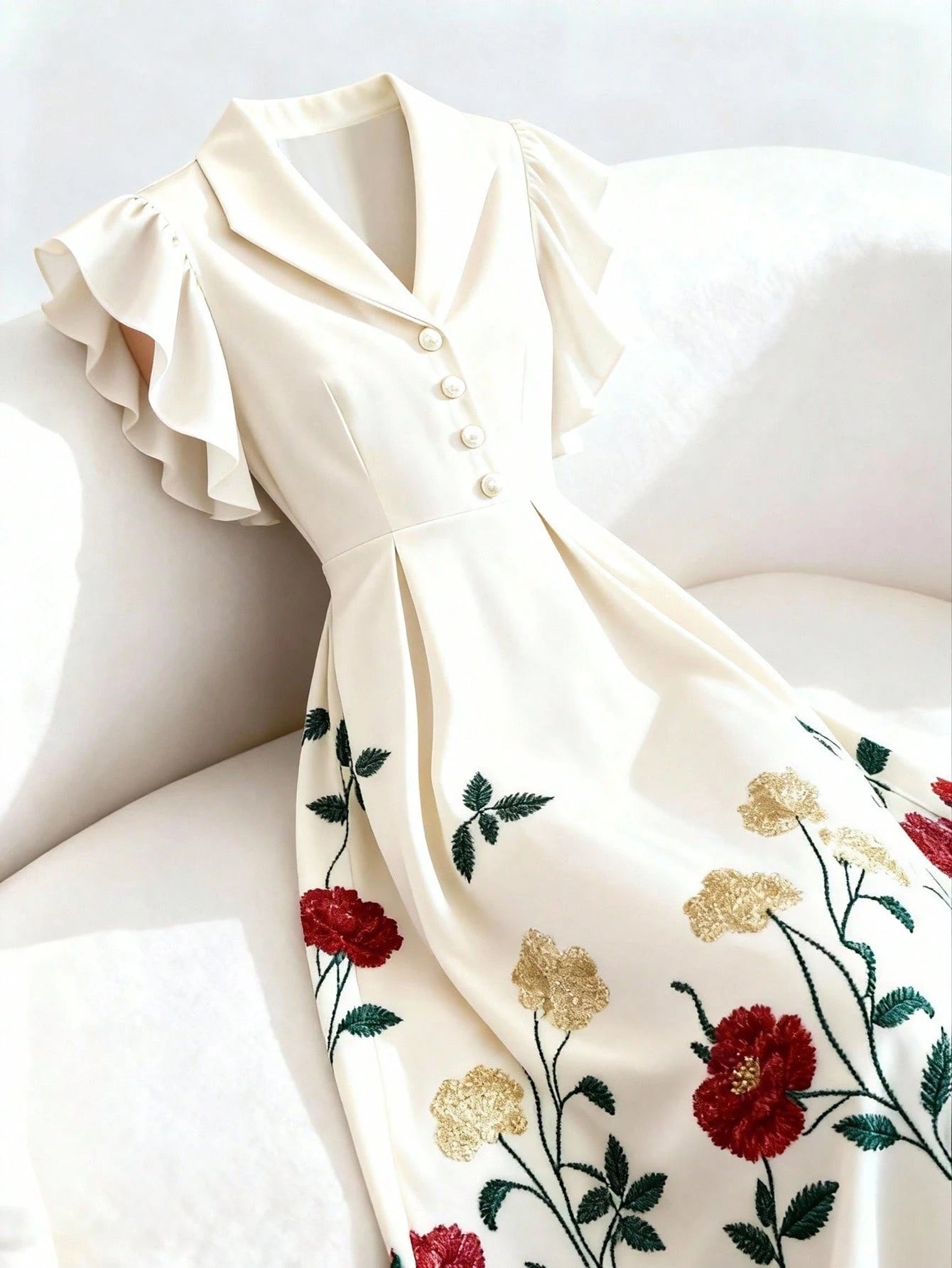 GlowEve Women's Black Floral Retro Summer Party Mid-Length Dress,Lapel Pearl Button Waist A-Line Flare Sleeve Elegant French Street Versatile Fashion Date