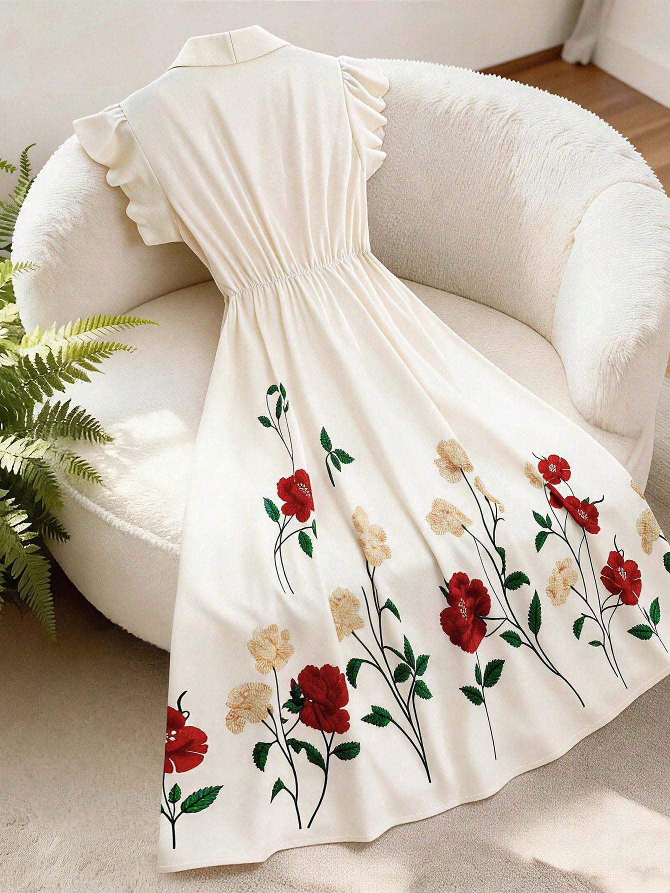 GlowEve Women's Black Floral Retro Summer Party Mid-Length Dress,Lapel Pearl Button Waist A-Line Flare Sleeve Elegant French Street Versatile Fashion Date
