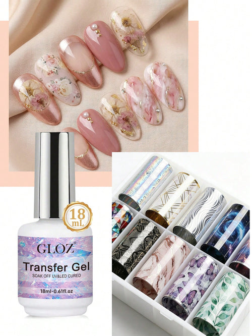 GLOZ 18ml Nail Foil Glue Nail Art Foil Glue Gel For Foil Stickers Nail Glue Foil Transfer Gel Nail Foil Transfer Glue Nail Art Manicure DIY LED Lamp Required Soak Off