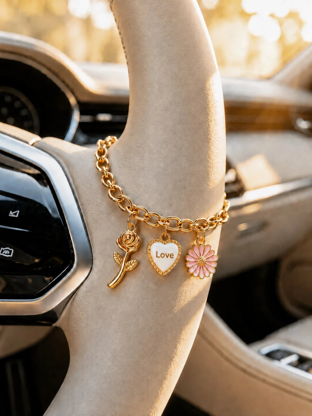 Gold Chain Car Steering Wheel Decorative Pendant, With Rose Heart-Shaped Daisy Charm, Elegant Metal Pendant With Keychain Holder, Fashionable Women's Car Accessory, Multi-Purpose Decoration For Steeri
