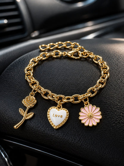 Gold Chain Car Steering Wheel Decorative Pendant, With Rose Heart-Shaped Daisy Charm, Elegant Metal Pendant With Keychain Holder, Fashionable Women's Car Accessory, Multi-Purpose Decoration For Steeri