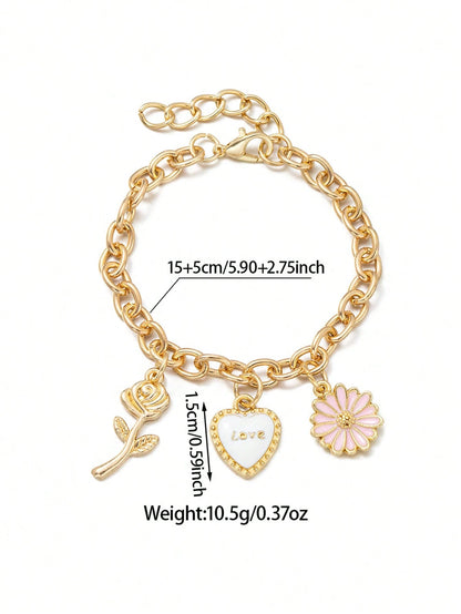 Gold Chain Car Steering Wheel Decorative Pendant, With Rose Heart-Shaped Daisy Charm, Elegant Metal Pendant With Keychain Holder, Fashionable Women's Car Accessory, Multi-Purpose Decoration For Steeri