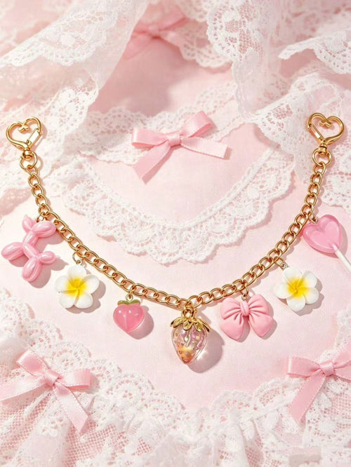Gold Chain Pink Heart Cherry Bag Charm, Cute Keychain Pendant, Suitable For Crossbody Underarm Bag Wallet, Birthday Mother's Day Teacher's Day Gift