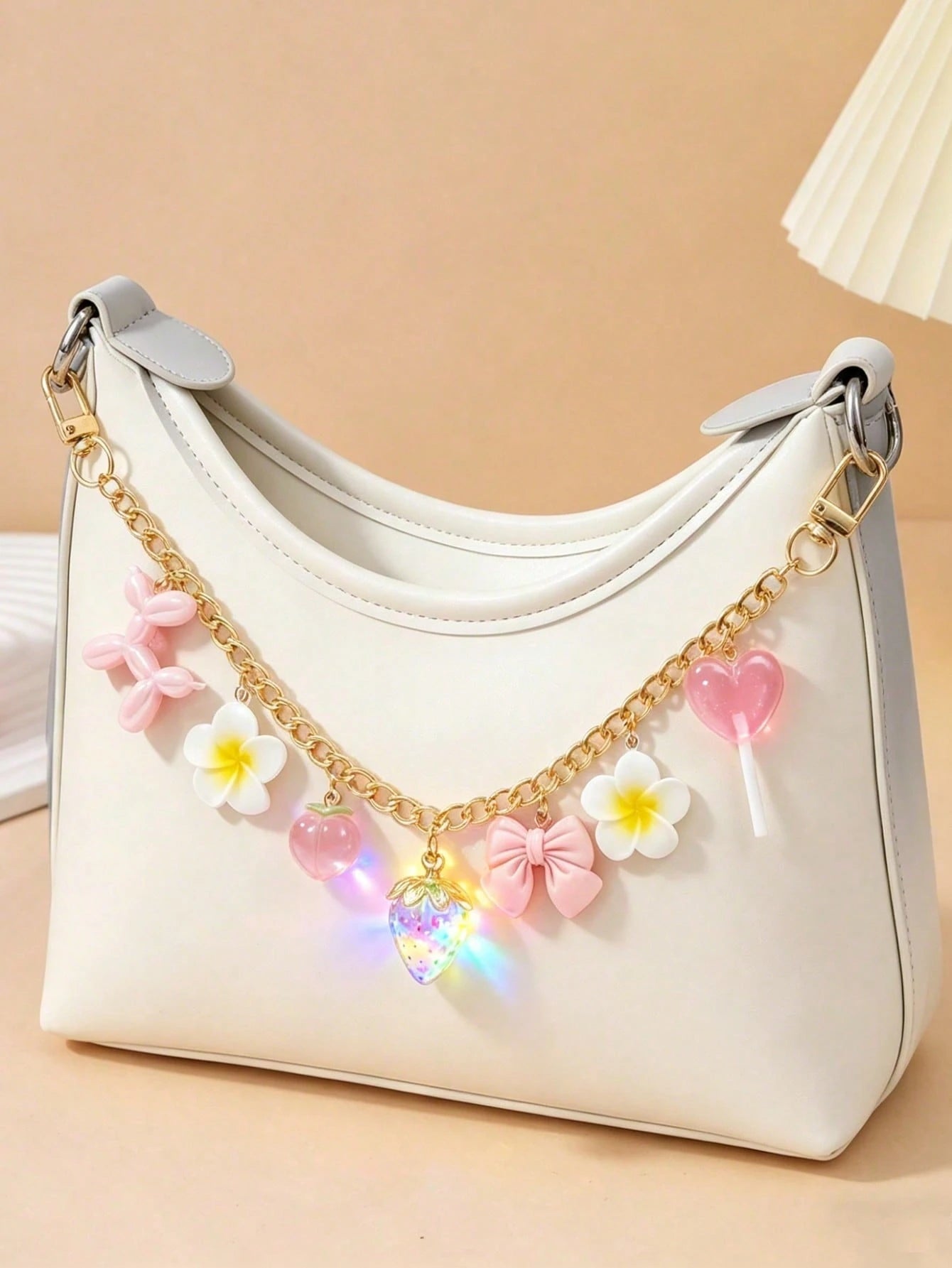 Gold Chain Pink Heart Cherry Bag Charm, Cute Keychain Pendant, Suitable For Crossbody Underarm Bag Wallet, Birthday Mother's Day Teacher's Day Gift