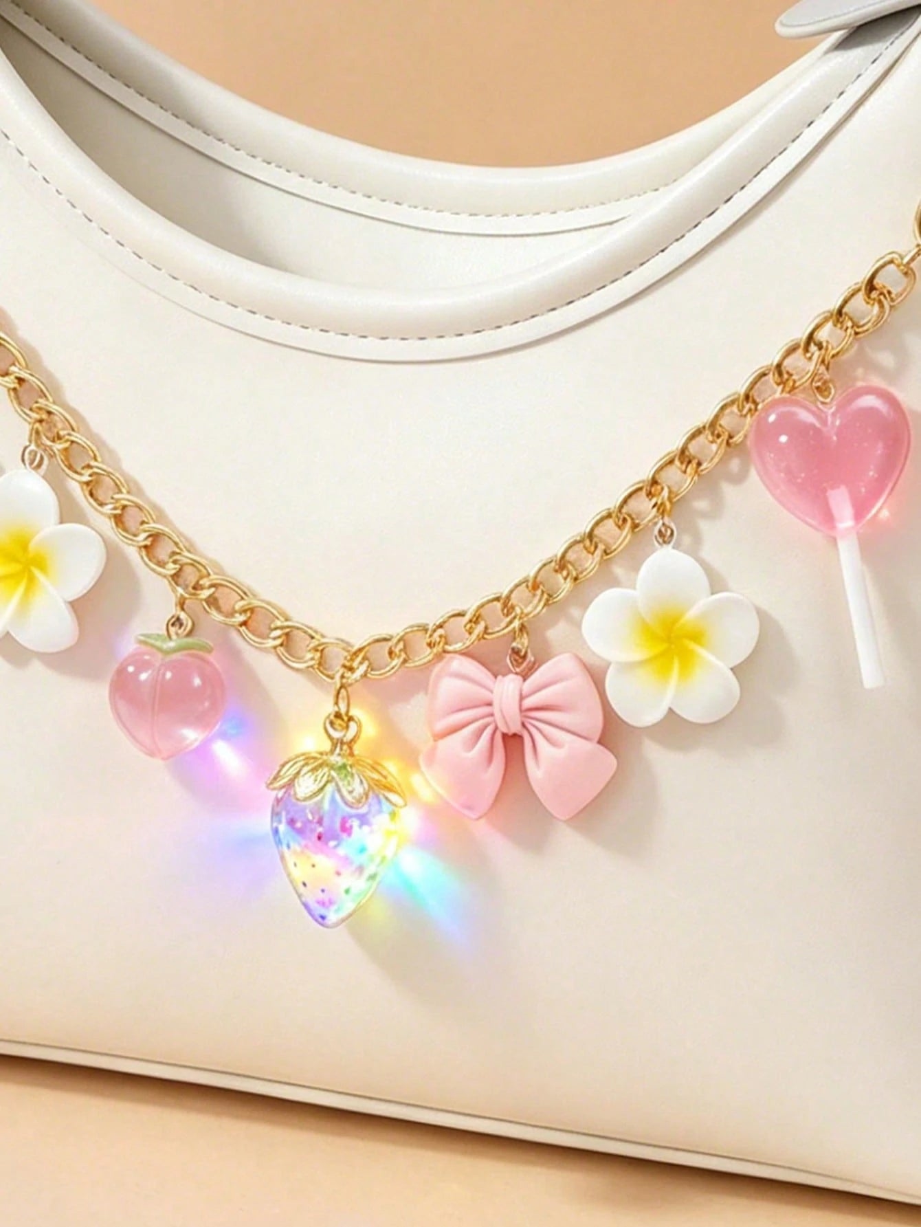Gold Chain Pink Heart Cherry Bag Charm, Cute Keychain Pendant, Suitable For Crossbody Underarm Bag Wallet, Birthday Mother's Day Teacher's Day Gift