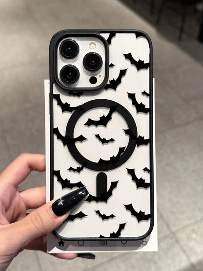 Gothic Style Black Bat Patterns Fashion 1pc Creative Acrylic Personalized Pattern Magnetic Wireless Charging Anti-Drop Phone Case Compatible With Iphone 16 15 14 13 12 11 Pro Max, Transparent Apple Ph
