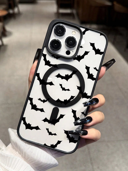 Gothic Style Black Bat Patterns Fashion 1pc Creative Acrylic Personalized Pattern Magnetic Wireless Charging Anti-Drop Phone Case Compatible With Iphone 16 15 14 13 12 11 Pro Max, Transparent Apple Ph