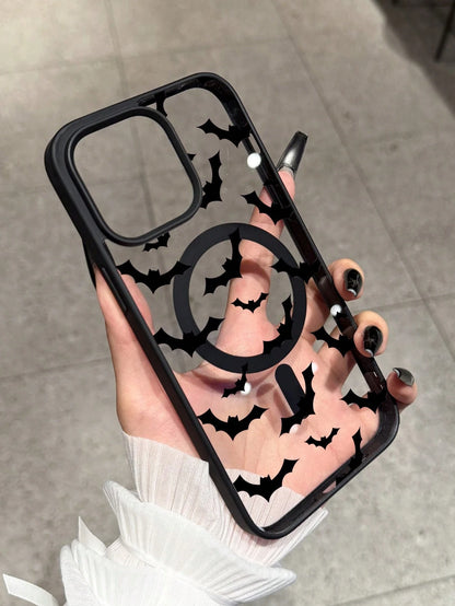Gothic Style Black Bat Patterns Fashion 1pc Creative Acrylic Personalized Pattern Magnetic Wireless Charging Anti-Drop Phone Case Compatible With Iphone 16 15 14 13 12 11 Pro Max, Transparent Apple Ph