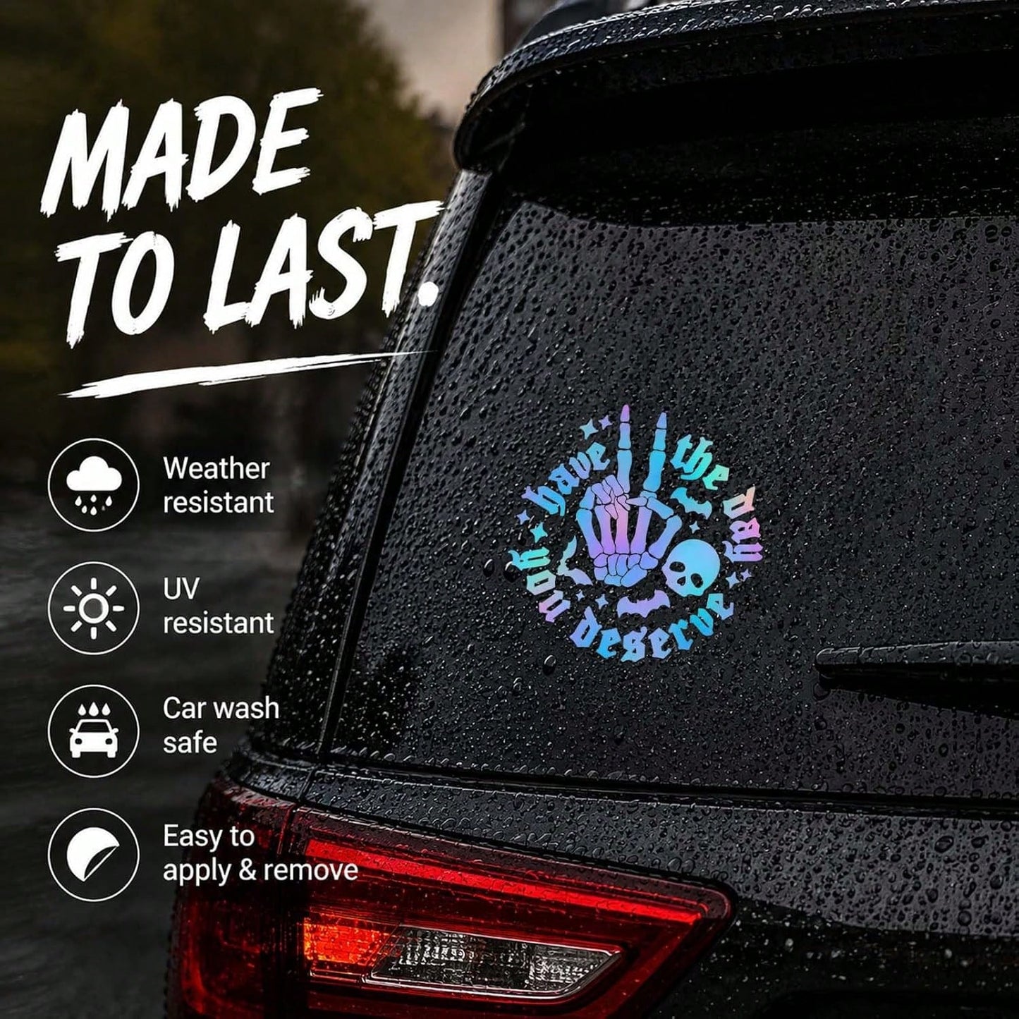 Gothic Style Iridescent "Hope You Have The Day You Deserve" Skull Rock Gesture Car Sticker, Halloween Skull Bat Laser Holographic Vinyl Decal, Humorous Sharp Car Window Bumper Decoration