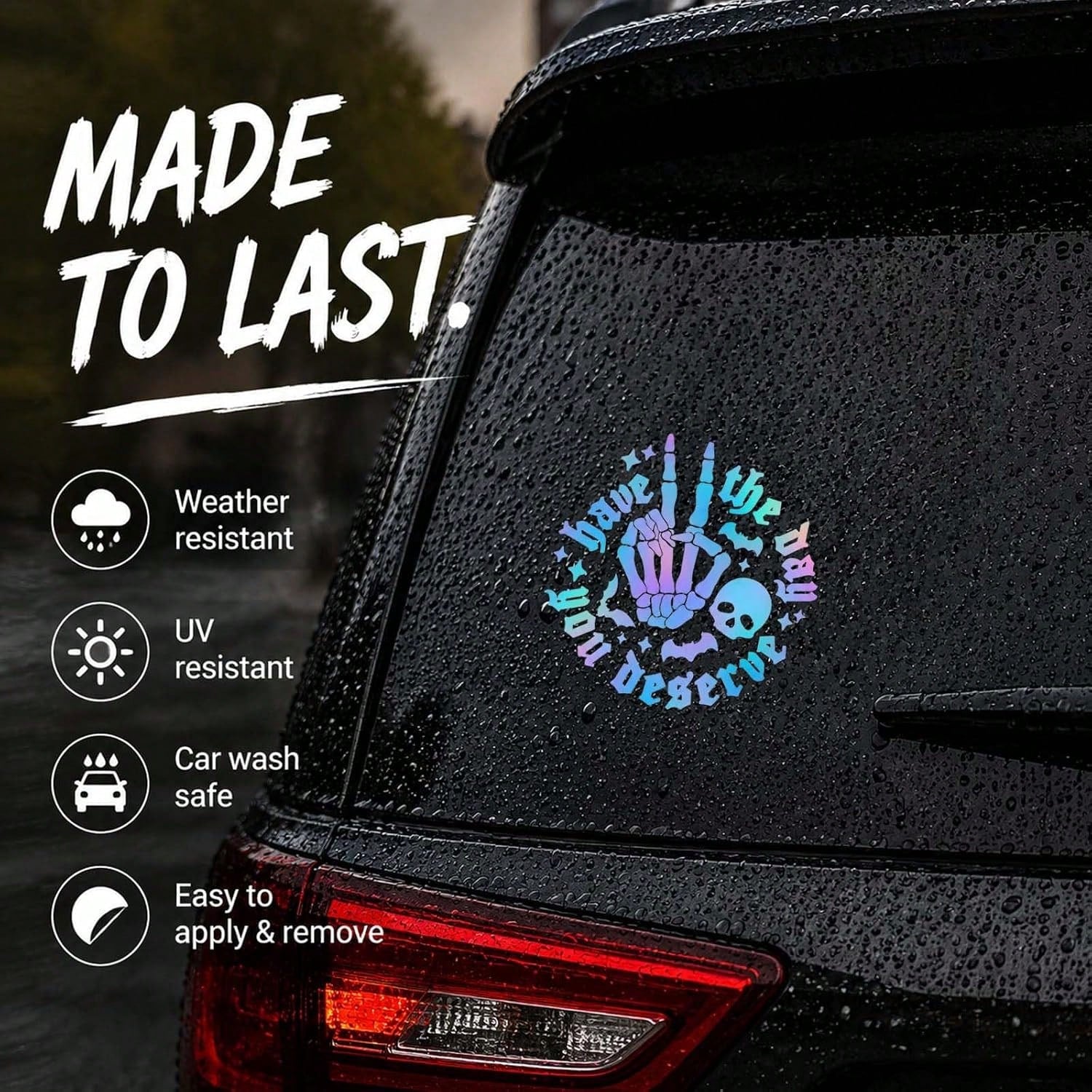 Gothic Style Iridescent "Hope You Have The Day You Deserve" Skull Rock Gesture Car Sticker, Halloween Skull Bat Laser Holographic Vinyl Decal, Humorous Sharp Car Window Bumper Decoration