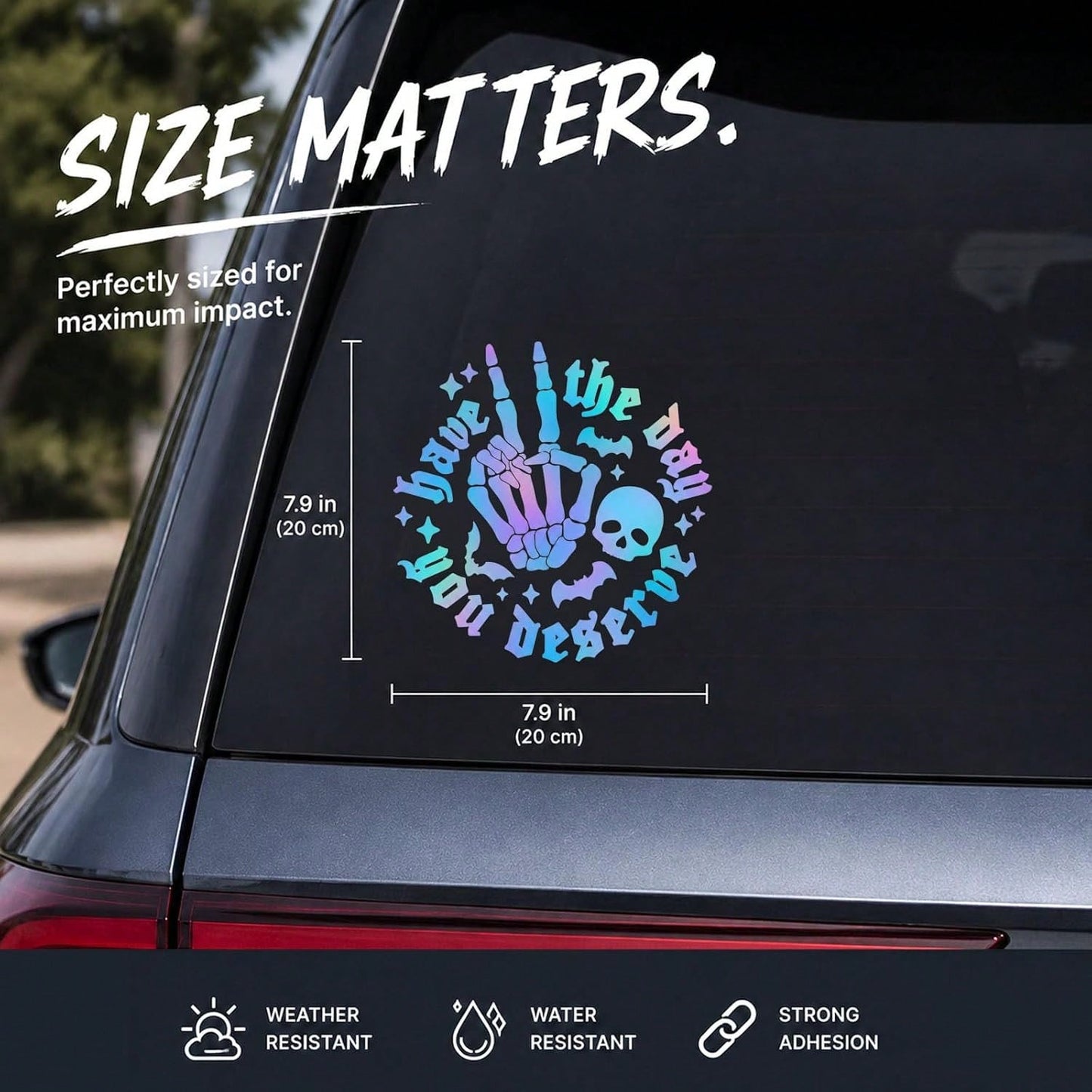 Gothic Style Iridescent "Hope You Have The Day You Deserve" Skull Rock Gesture Car Sticker, Halloween Skull Bat Laser Holographic Vinyl Decal, Humorous Sharp Car Window Bumper Decoration