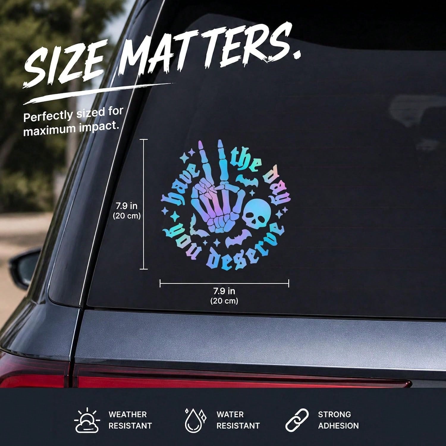 Gothic Style Iridescent "Hope You Have The Day You Deserve" Skull Rock Gesture Car Sticker, Halloween Skull Bat Laser Holographic Vinyl Decal, Humorous Sharp Car Window Bumper Decoration