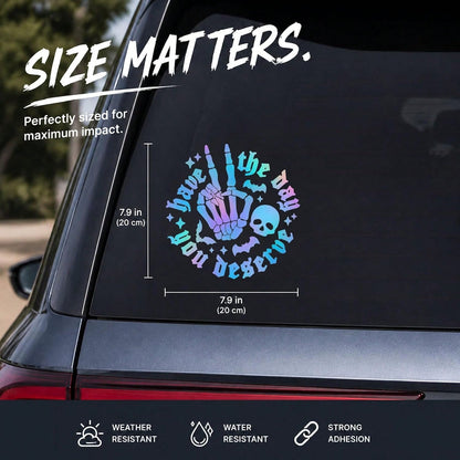 Gothic Style Iridescent "Hope You Have The Day You Deserve" Skull Rock Gesture Car Sticker, Halloween Skull Bat Laser Holographic Vinyl Decal, Humorous Sharp Car Window Bumper Decoration