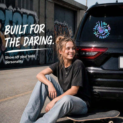 Gothic Style Iridescent "Hope You Have The Day You Deserve" Skull Rock Gesture Car Sticker, Halloween Skull Bat Laser Holographic Vinyl Decal, Humorous Sharp Car Window Bumper Decoration