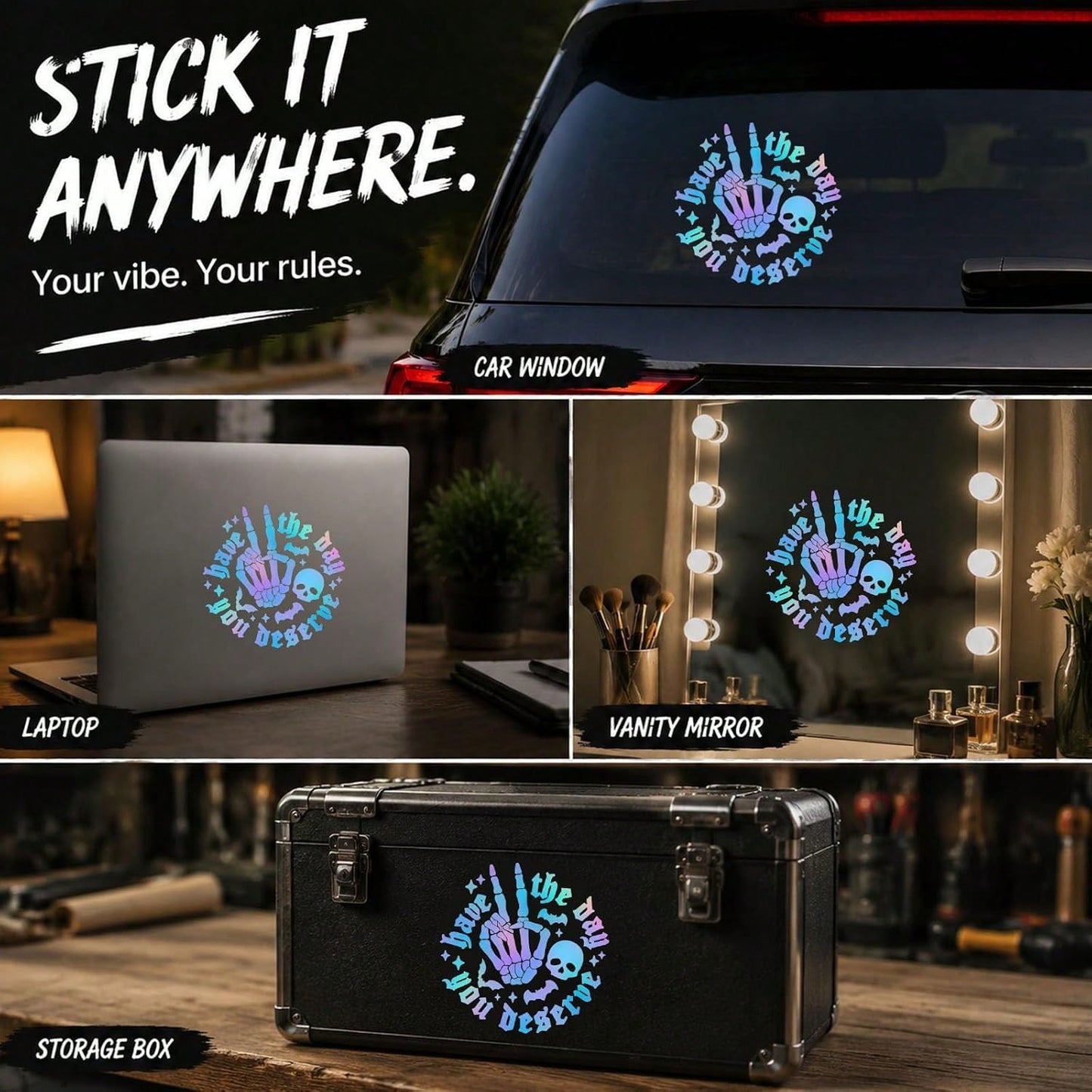 Gothic Style Iridescent "Hope You Have The Day You Deserve" Skull Rock Gesture Car Sticker, Halloween Skull Bat Laser Holographic Vinyl Decal, Humorous Sharp Car Window Bumper Decoration