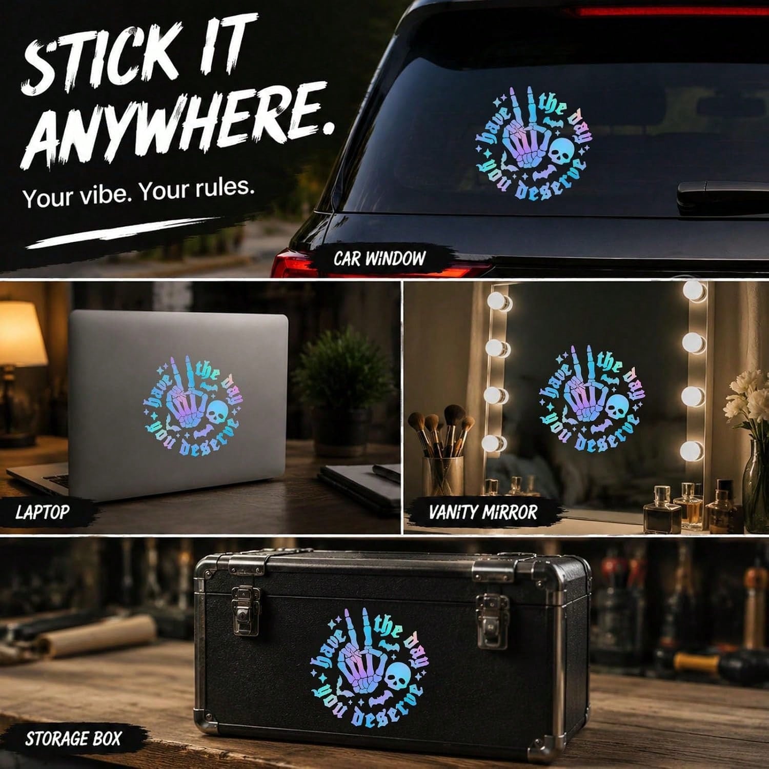 Gothic Style Iridescent "Hope You Have The Day You Deserve" Skull Rock Gesture Car Sticker, Halloween Skull Bat Laser Holographic Vinyl Decal, Humorous Sharp Car Window Bumper Decoration