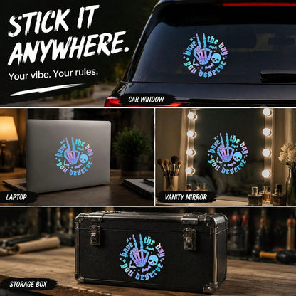 Gothic Style Iridescent "Hope You Have The Day You Deserve" Skull Rock Gesture Car Sticker, Halloween Skull Bat Laser Holographic Vinyl Decal, Humorous Sharp Car Window Bumper Decoration