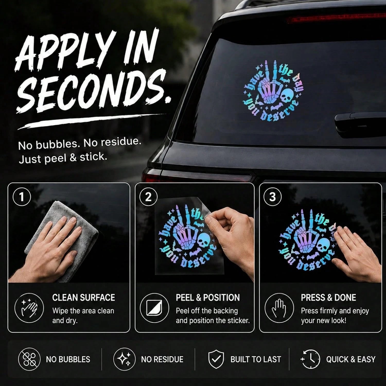 Gothic Style Iridescent "Hope You Have The Day You Deserve" Skull Rock Gesture Car Sticker, Halloween Skull Bat Laser Holographic Vinyl Decal, Humorous Sharp Car Window Bumper Decoration